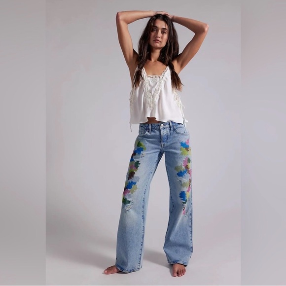 We The Free Denim - We The Free Blue Floral Wide Leg Jeans